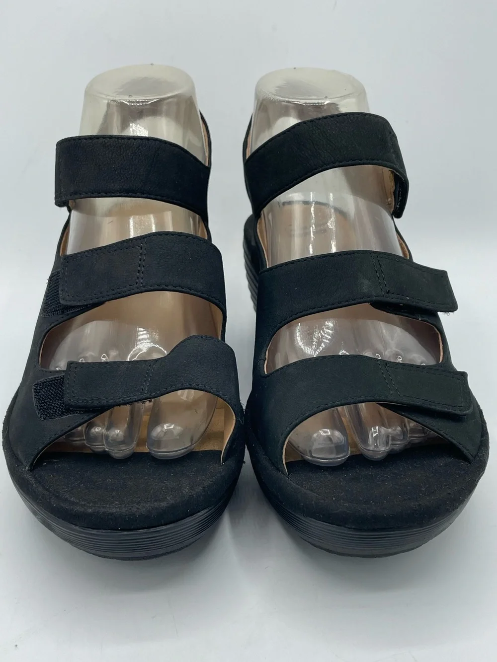 Clarks Black Three-Strap Wedge Sandals